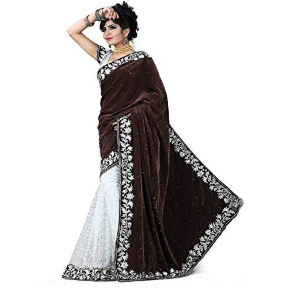 Amfyn Women's Velvet Embroidered Saree With Unstitched Blouse (Brown, 5.5 Mtr)