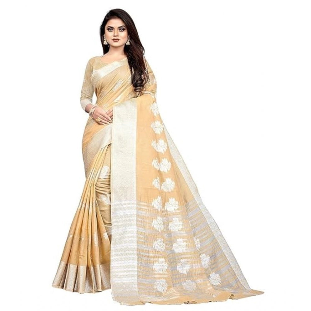 Amfyn Women's Cotton Silk Floral Saree With Unstitched Blouse (Beige, 5.5 Mtr)