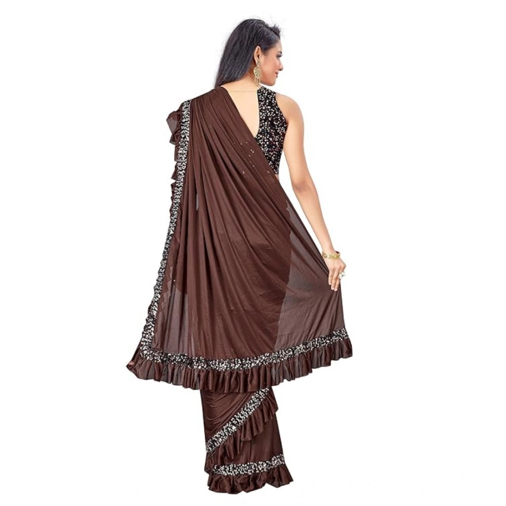 Amfyn Women's Lycra Solid Saree With Unstitched Blouse (Brown, 5.5 Mtr)