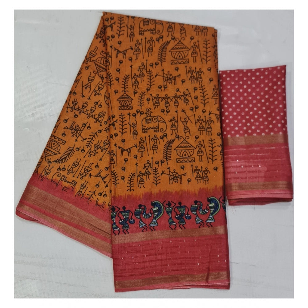 Amfyn Women's Cotton Printed Saree With Unstitched Blouse (Orange, 5-5 Mtrs)