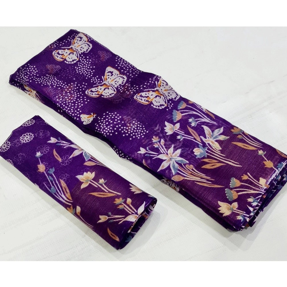 Amfyn Women's Cotton Printed Saree With Unstitched Blouse (Purple, 5-5 Mtrs)