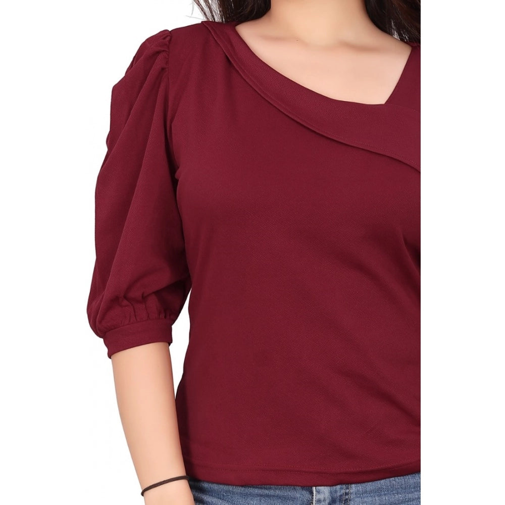 Amfyn Women's Casual Puff Sleeves Lycra Blend Asymmetric Neck Top (Maroon)