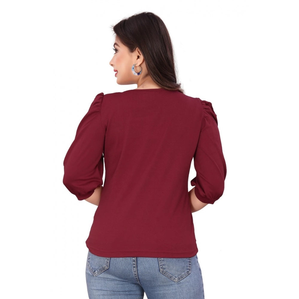 Amfyn Women's Casual Puff Sleeves Lycra Blend Asymmetric Neck Top (Maroon)