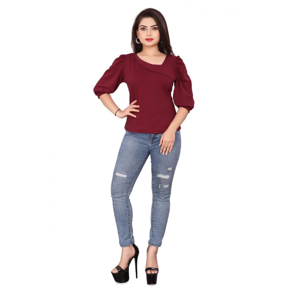 Amfyn Women's Casual Puff Sleeves Lycra Blend Asymmetric Neck Top (Maroon)