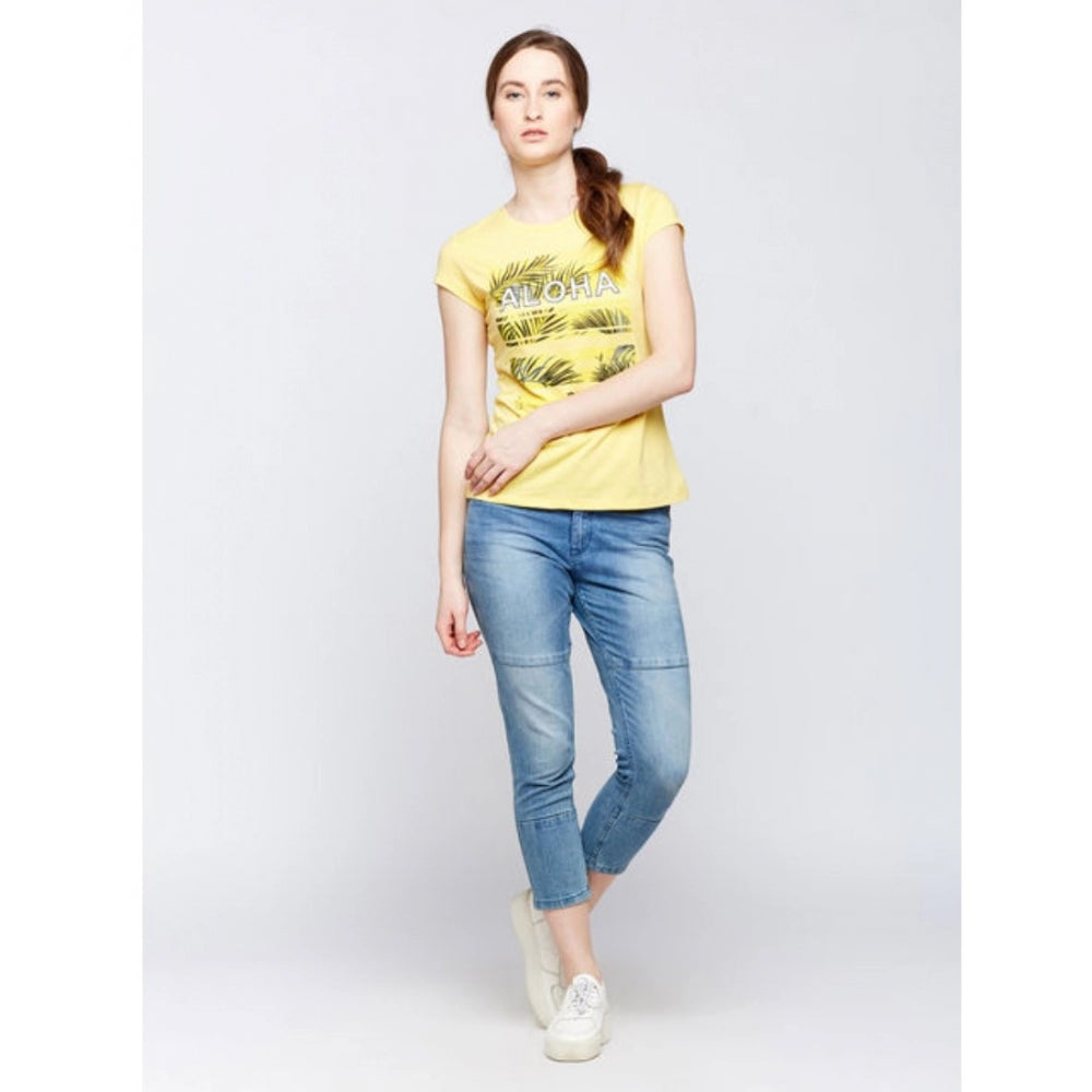 Amfyn Women's Cotton Printed Round Neck T.Shirt (Yellow)