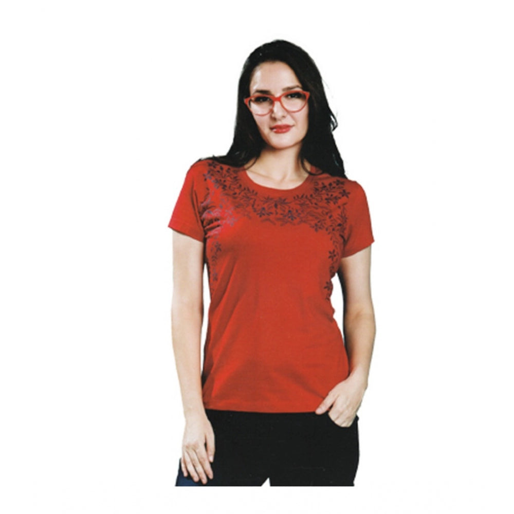 Amfyn Women's Cotton Printed Round Neck T.Shirt (Red)