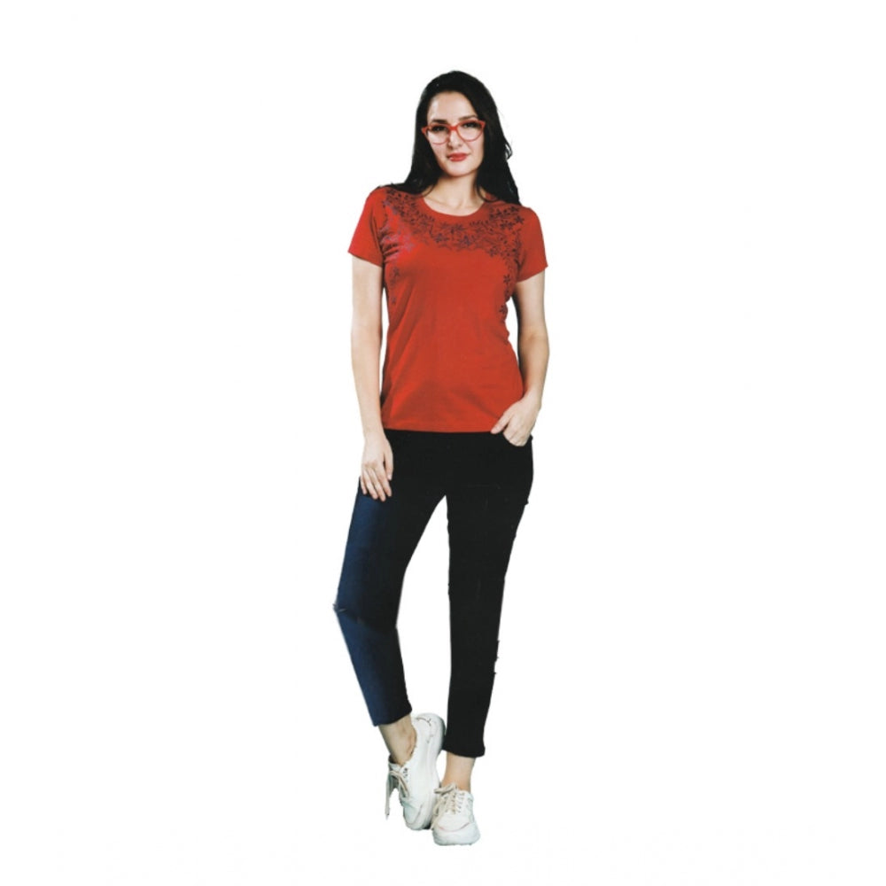 Amfyn Women's Cotton Printed Round Neck T.Shirt (Red)