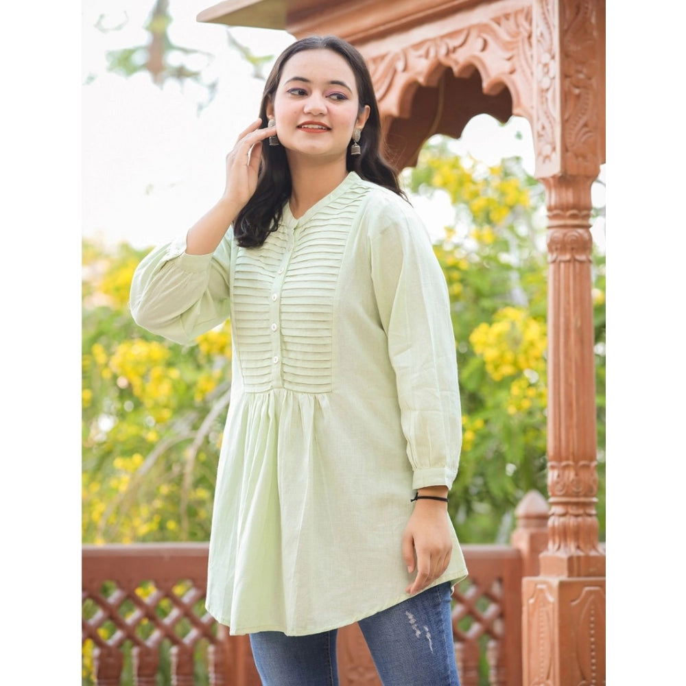 Amfyn Women's Cotton Solid Full Sleeve Band collar Tunic (Green)