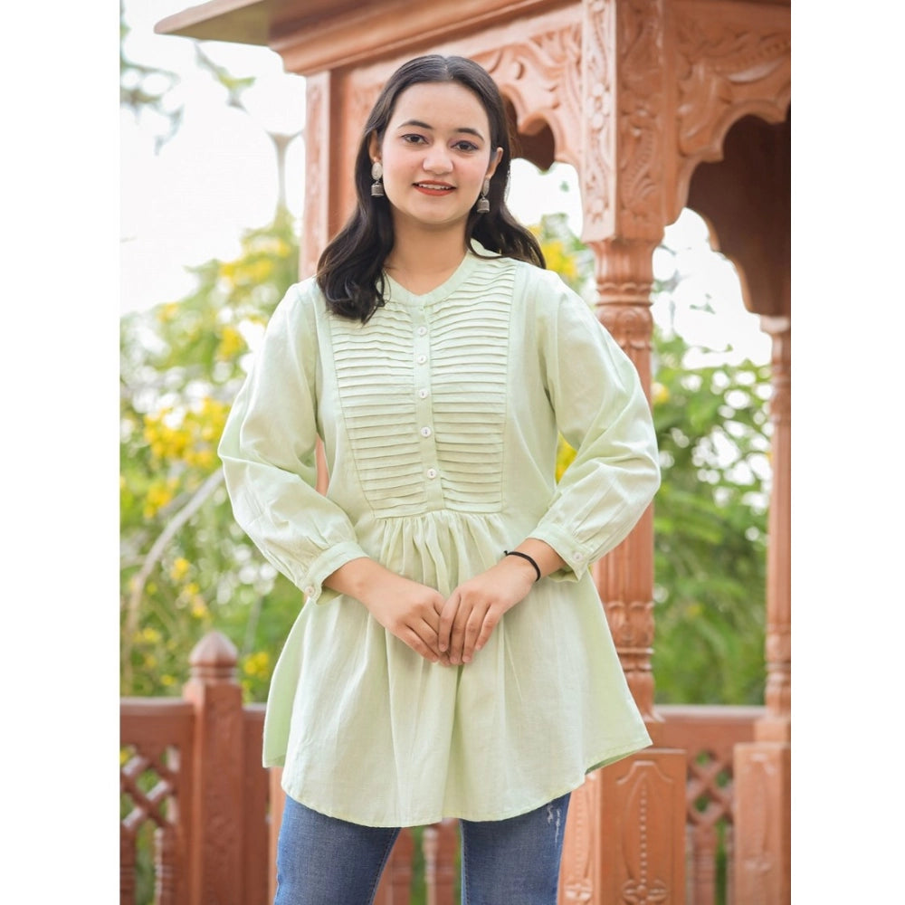 Amfyn Women's Cotton Solid Full Sleeve Band collar Tunic (Green)