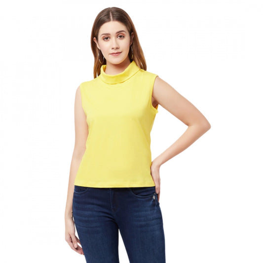 Amfyn Women's Cotton Blend Solid Sleeveless High Neck Regular Top (Yellow)