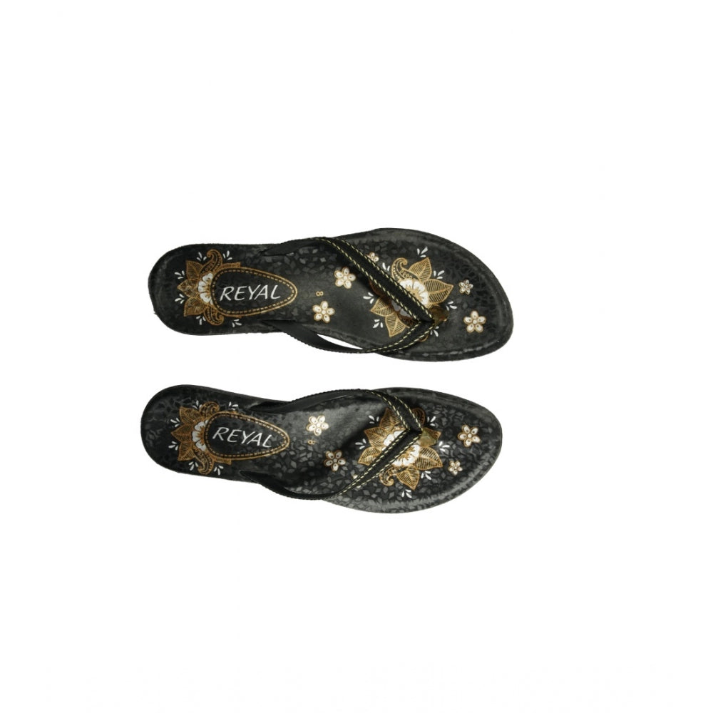 Amfyn Women's Polyurethane Printed Slip-on Slipper (Black)