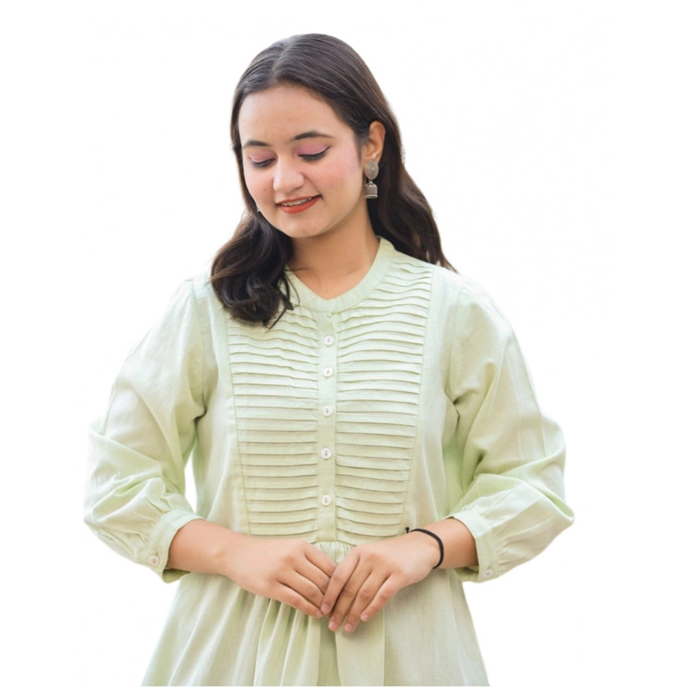 Amfyn Women's Cotton Solid Full Sleeve Band collar Tunic (Green)