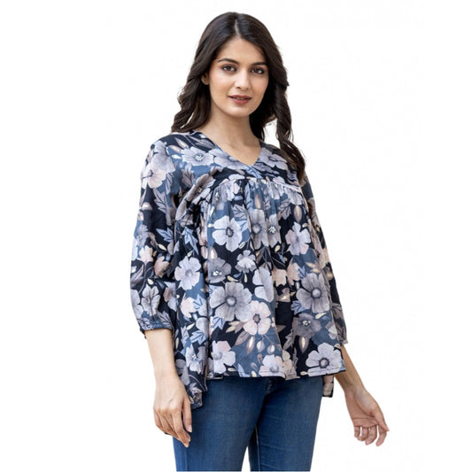 Amfyn Women's Cotton Printed 3/4 Sleeve V-Neck Top (Black)