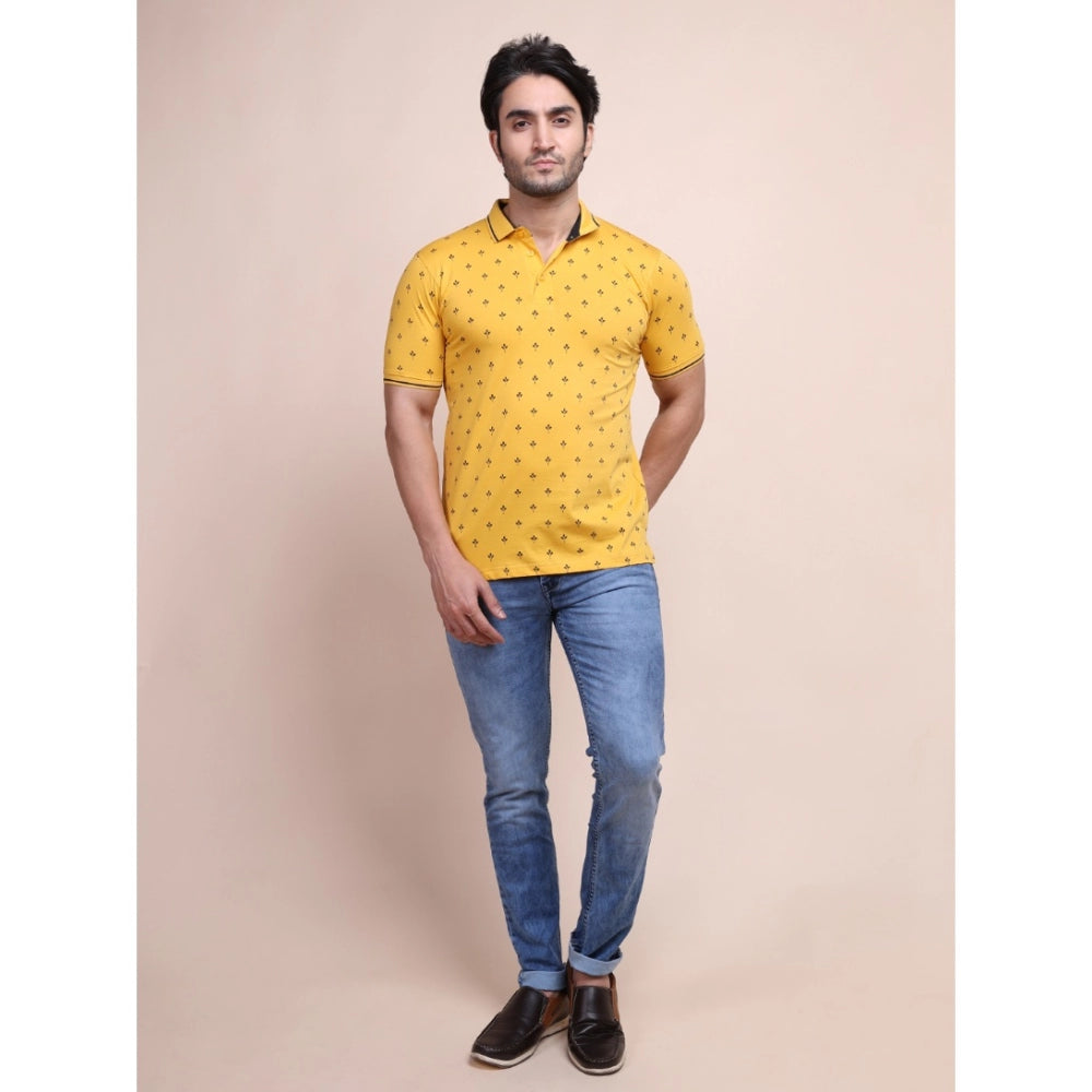 Amfyn Men's Casual Cotton Printed Polo Neck Half Sleeve T-Shirt (Mustard)