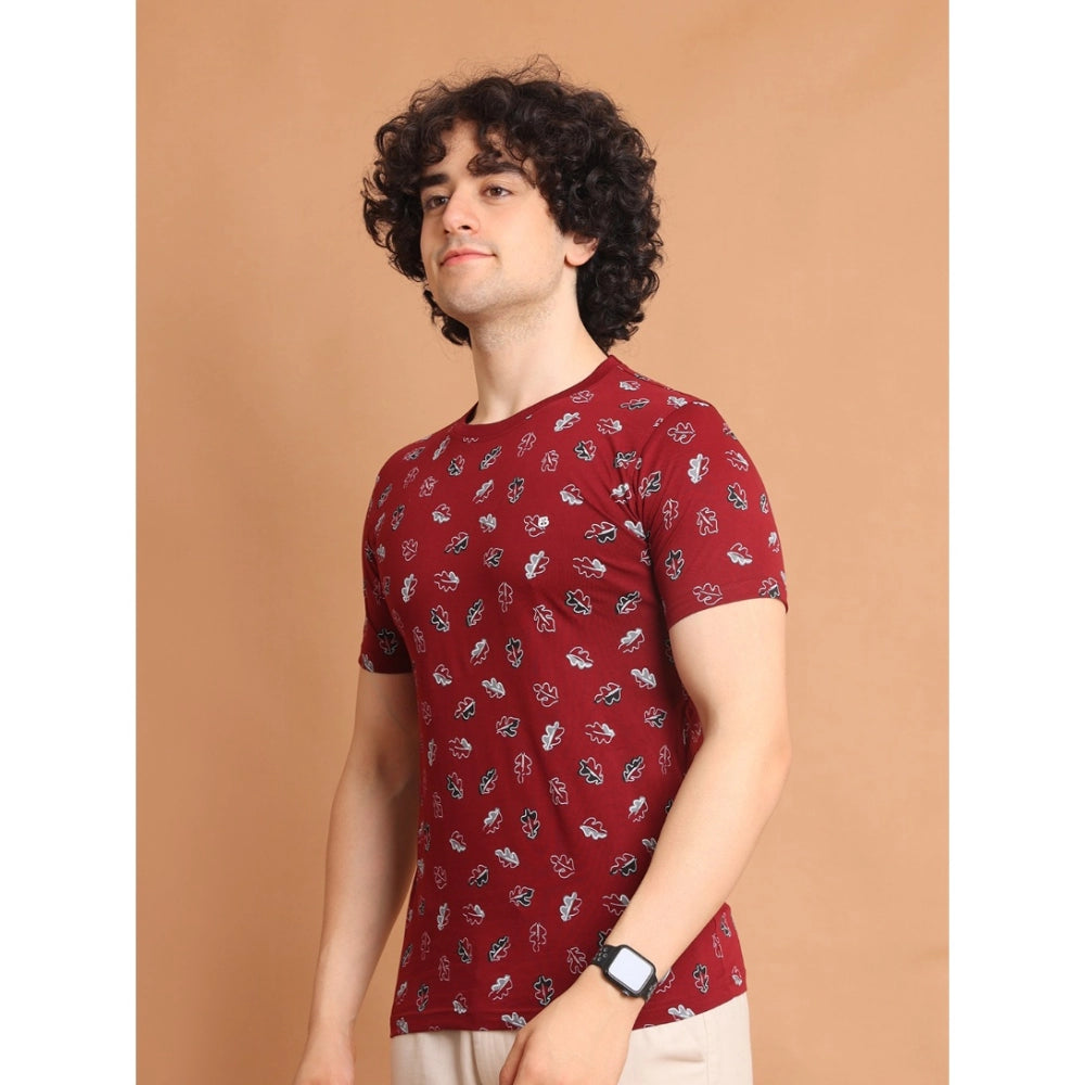 Amfyn Men's Casual Cotton Printed Round Neck Half Sleeve T-Shirt (Maroon)