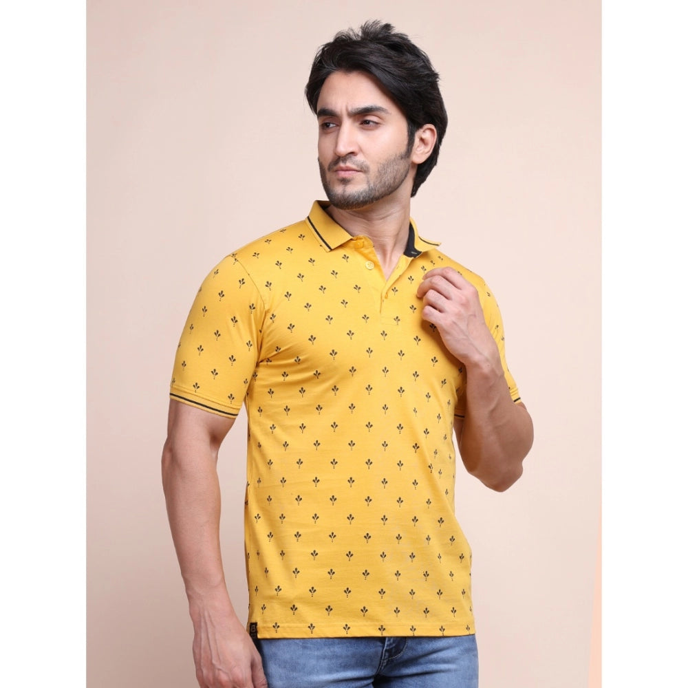 Amfyn Men's Casual Cotton Printed Polo Neck Half Sleeve T-Shirt (Mustard)