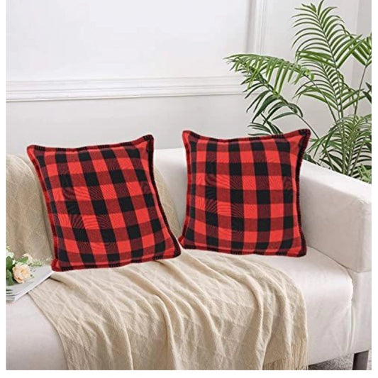 Amfyn Pack Of_2 Cotton Checkered Cushion Cover With Blanket Stitch (Red &amp; Black, Size: 24x24 In)