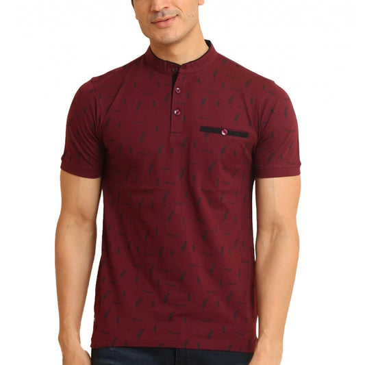 Amfyn Men's Casual Cotton Printed Mandarin Collar Half Sleeve T-Shirt (Plum)