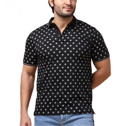 Amfyn Men's Casual Cotton Printed Polo Neck Half Sleeve T-Shirt (Black)