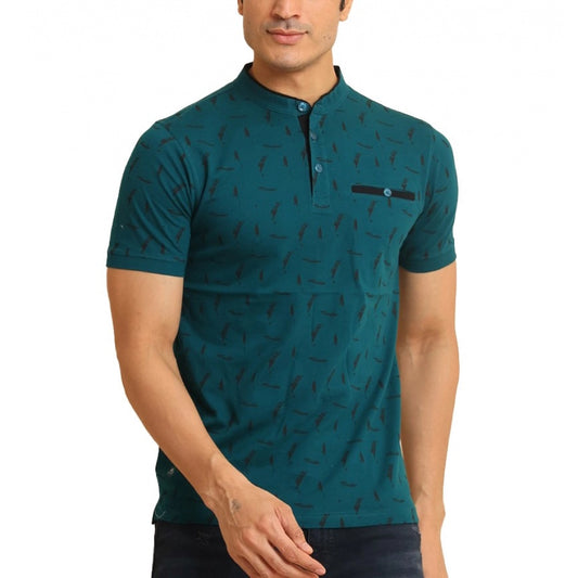 Amfyn Men's Casual Cotton Printed Mandarin Collar Half Sleeve T-Shirt (Green)