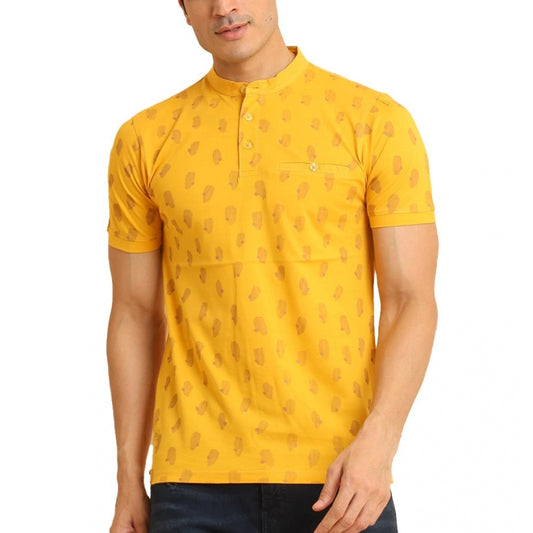 Amfyn Men's Casual Cotton Printed Mandarin Collar Half Sleeve T-Shirt (Mustard)