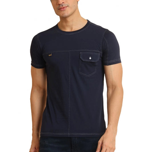 Amfyn Men's Casual Cotton Solid Round Neck Half Sleeve T-Shirt (Navy)