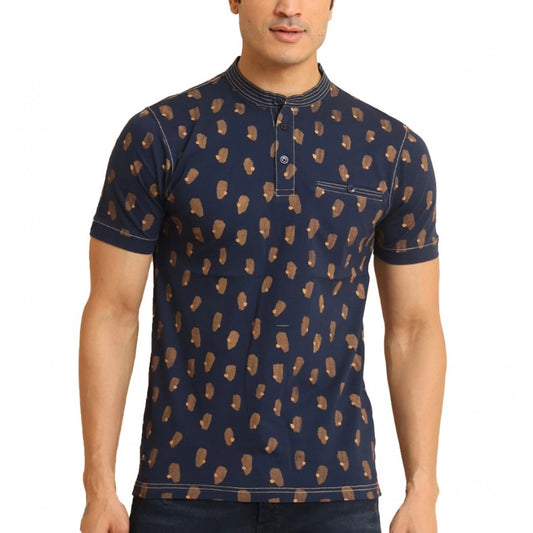 Amfyn Men's Casual Cotton Printed Mandarin Collar Half Sleeve T-Shirt (Navy)