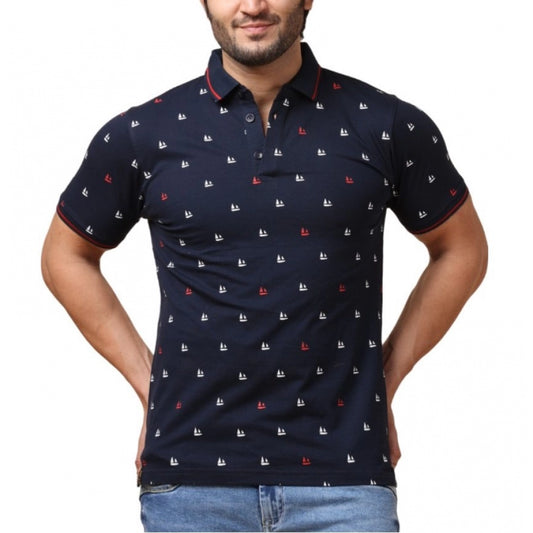 Amfyn Men's Casual Cotton Printed Polo Neck Half Sleeve T-Shirt (Navy)