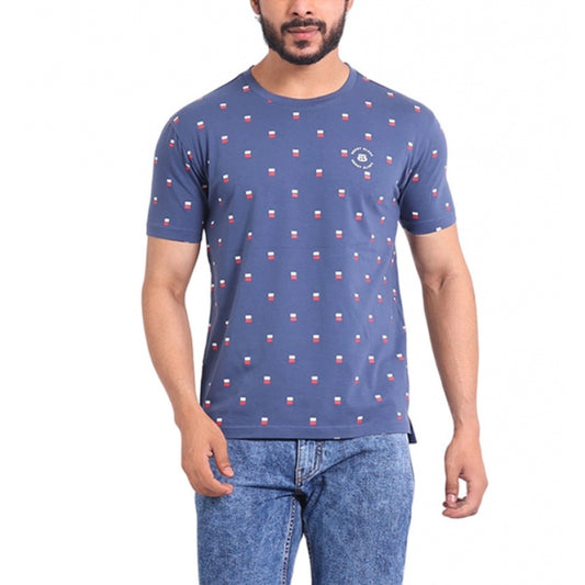 Amfyn Men's Casual Cotton Printed Round Neck Half Sleeve T-Shirt (Blue)