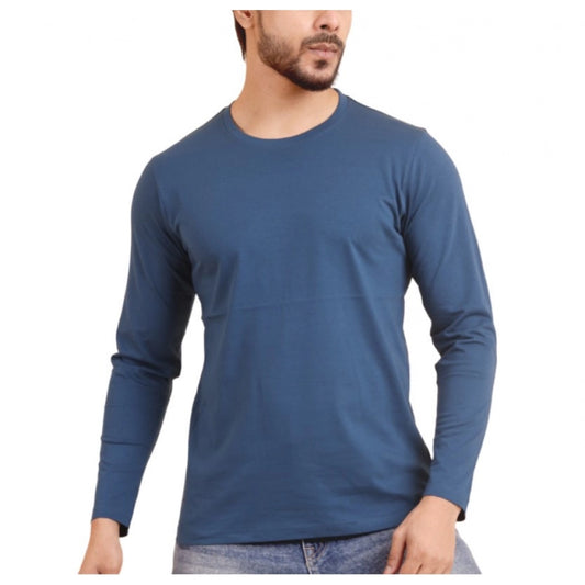 Amfyn Men's Casual Cotton Solid Round Neck Full Sleeve T-Shirt (Blue)