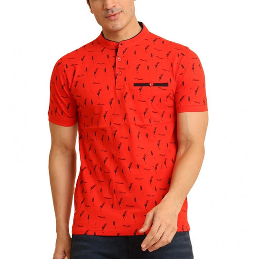 Amfyn Men's Casual Cotton Printed Mandarin Collar Half Sleeve T-Shirt (Red)