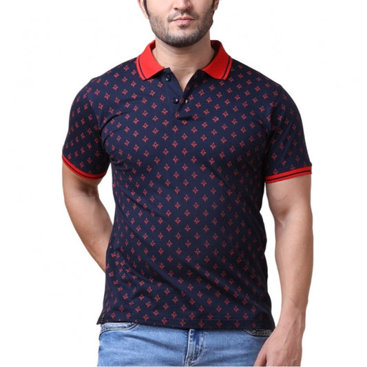 Amfyn Men's Casual Cotton Printed Polo Neck Half Sleeve T-Shirt (Navy)