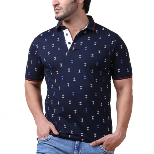 Amfyn Men's Casual Cotton Printed Polo Neck Half Sleeve T-Shirt (Navy)