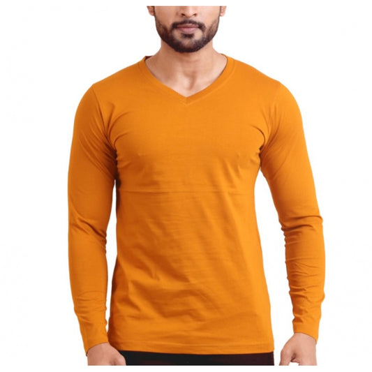 Amfyn Men's Casual Cotton Solid V Neck Full Sleeve T-Shirt  (Mustard)