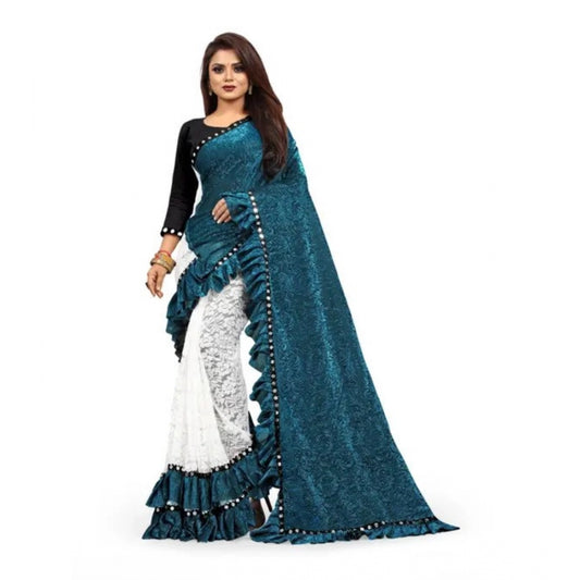 Amfyn Women's Silk With Mirror Lace Solid Saree With Unstitched Blouse (Rama, 5-5 Mtrs)