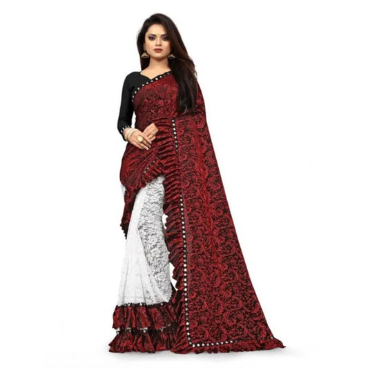 Amfyn Women's Silk With Mirror Lace Solid Saree With Unstitched Blouse (Red, 5-5 Mtrs)