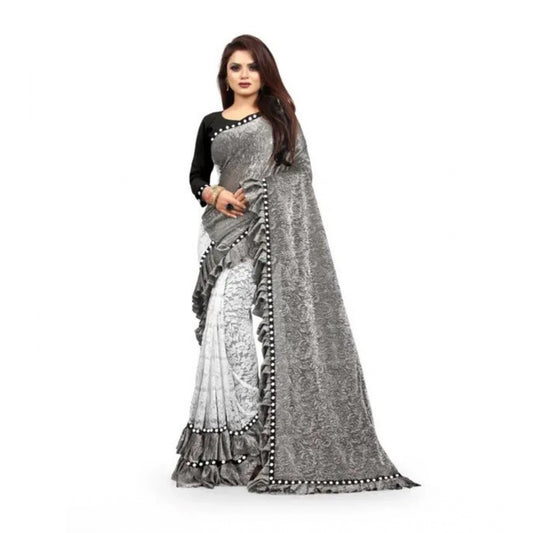 Amfyn Women's Silk With Mirror Lace Solid Saree With Unstitched Blouse (Grey, 5-5 Mtrs)