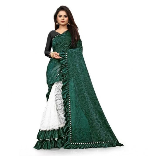 Amfyn Women's Silk With Mirror Lace Solid Saree With Unstitched Blouse (Green, 5-5 Mtrs)