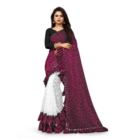 Amfyn Women's Silk With Mirror Lace Solid Saree With Unstitched Blouse (Pink, 5-5 Mtrs)