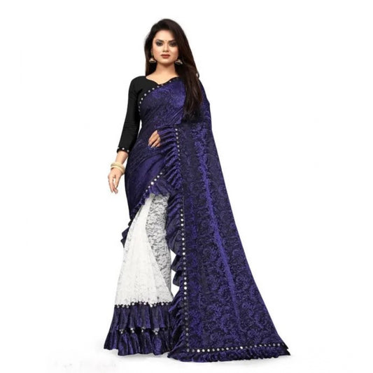 Amfyn Women's Silk With Mirror Lace Solid Saree With Unstitched Blouse (Blue, 5-5 Mtrs)