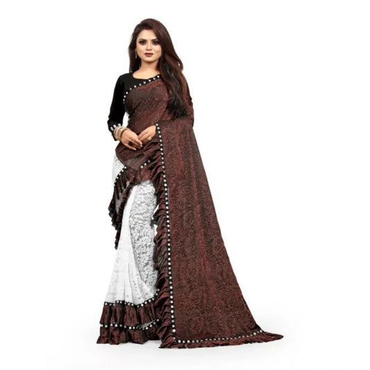 Amfyn Women's Silk With Mirror Lace Solid Saree With Unstitched Blouse (Brown, 5-5 Mtrs)