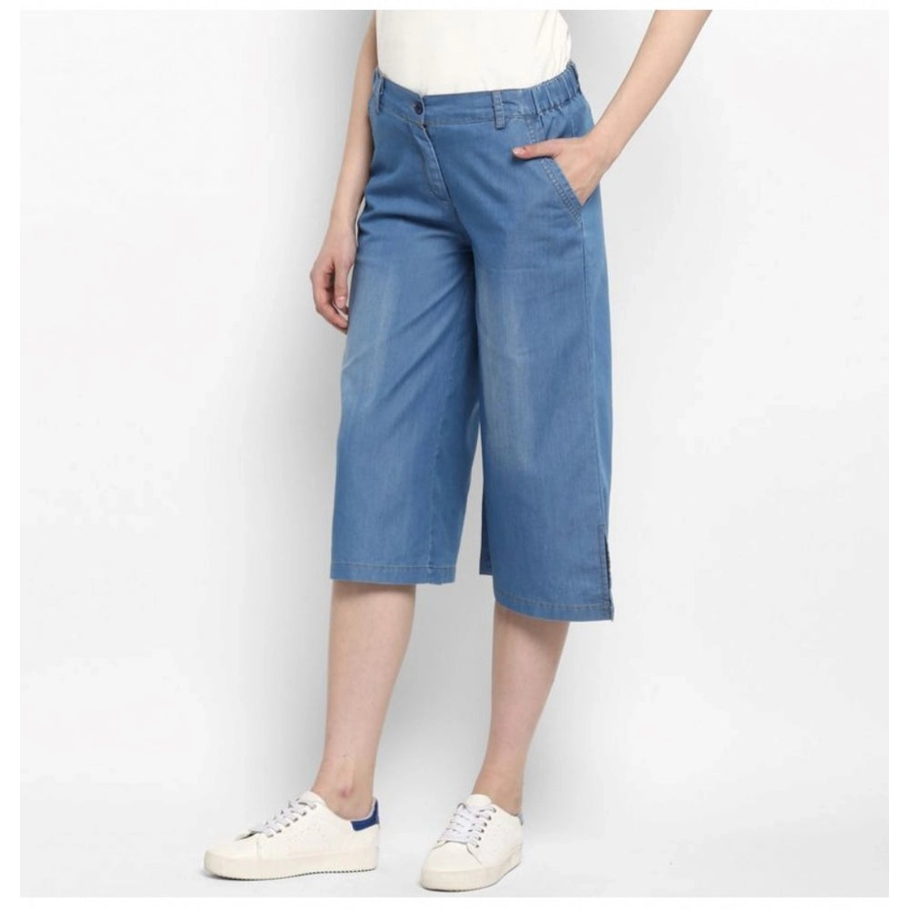 Amfyn Women's Denim Solid Buttoned Below Knee Culottes (Light Blue)