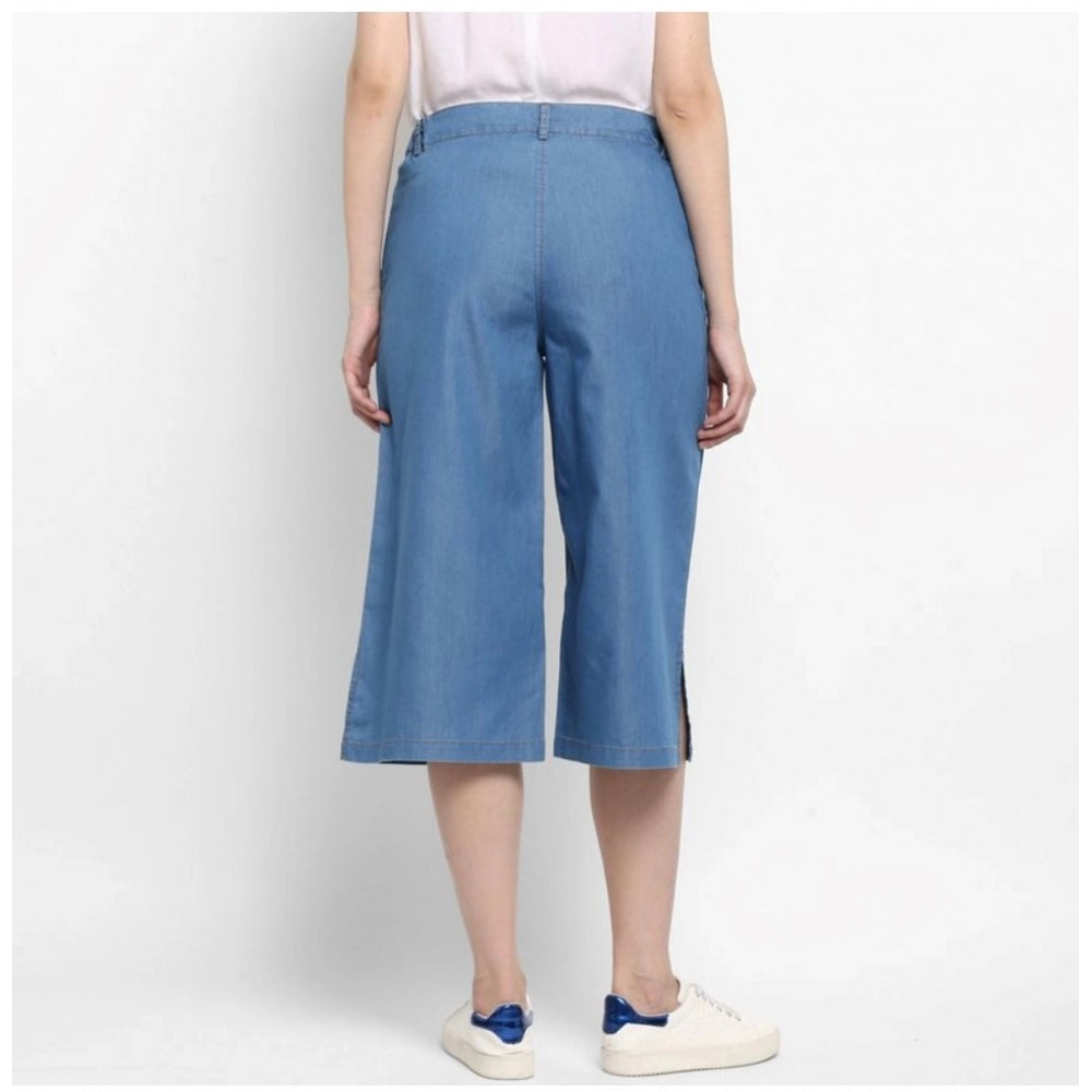 Amfyn Women's Denim Solid Buttoned Below Knee Culottes (Light Blue)