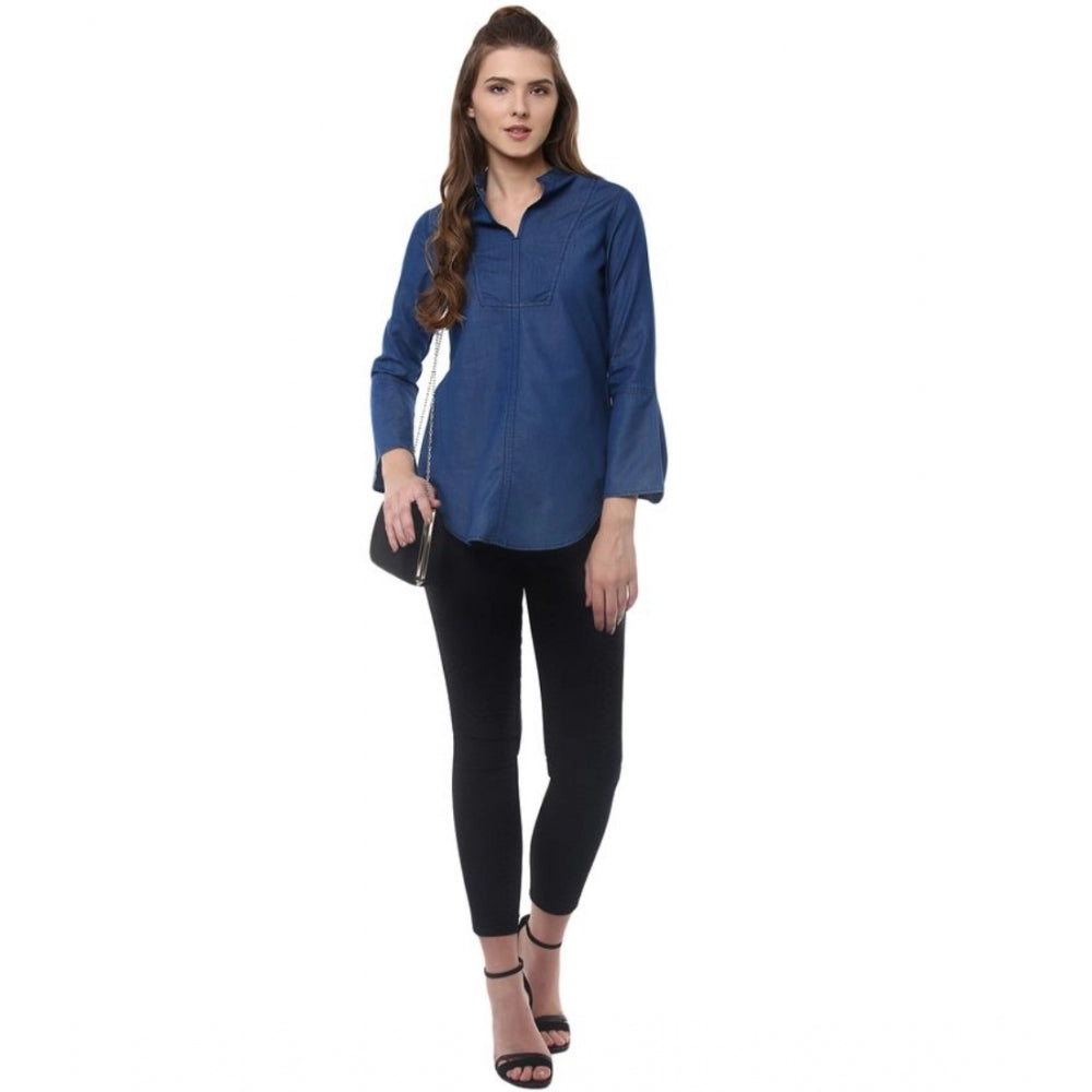 Amfyn Women's Denim Solid Bell Sleeve Regular Top (Blue Denim)