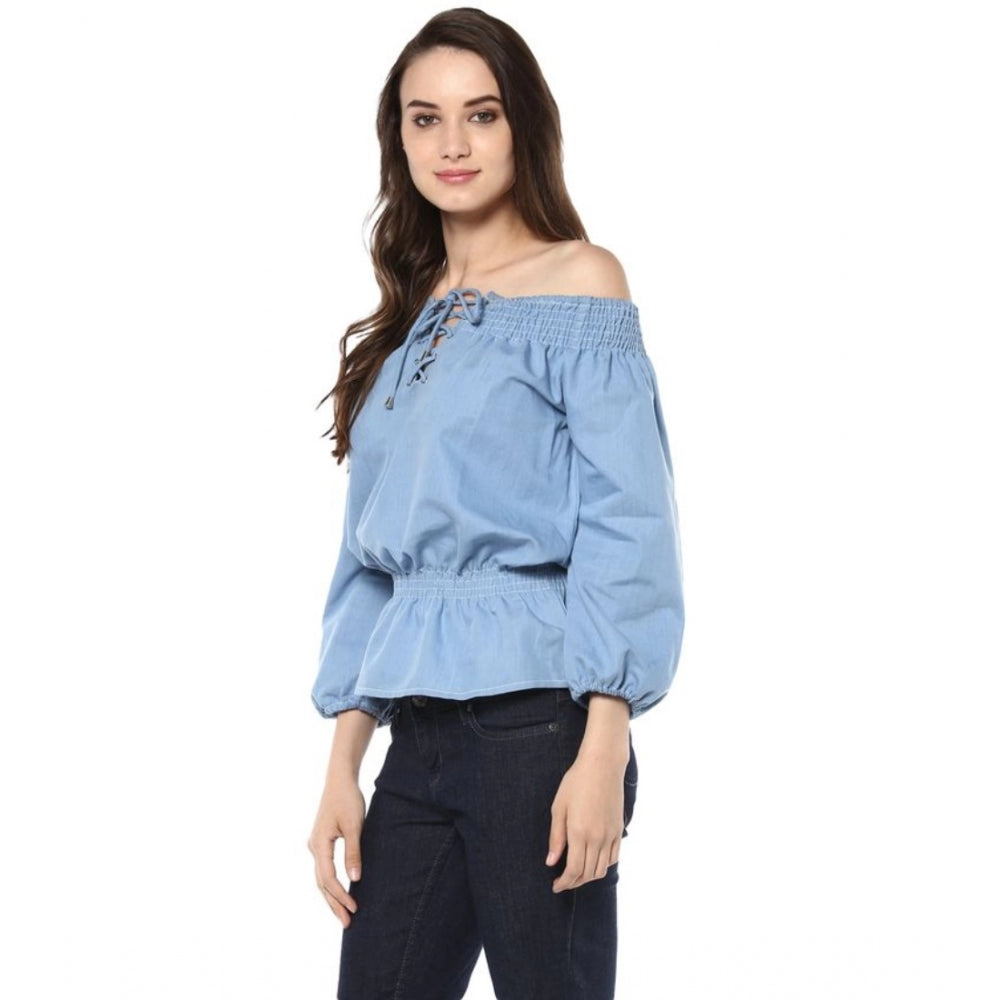 Amfyn Women's Denim Solid 3-4th Sleeves Regular Top (Blue)