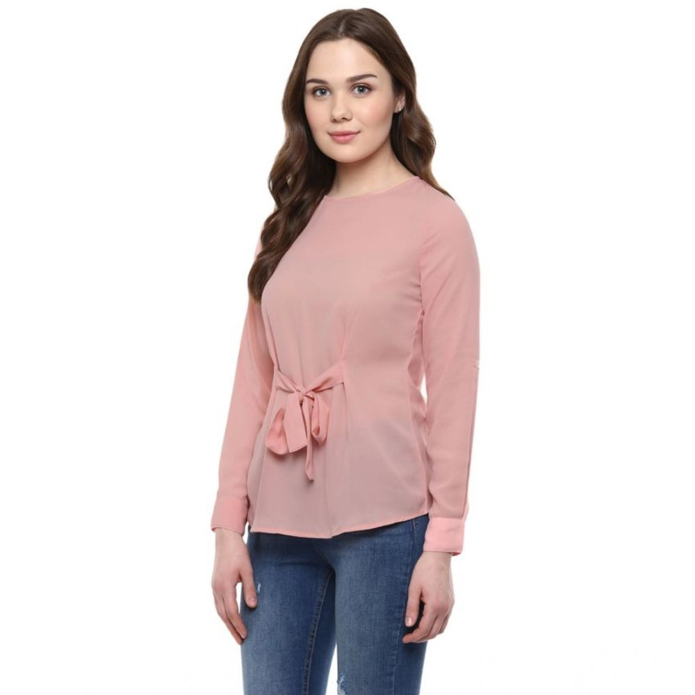 Amfyn Women's Polyester Solid Long Sleeves Regular Top (Pink)