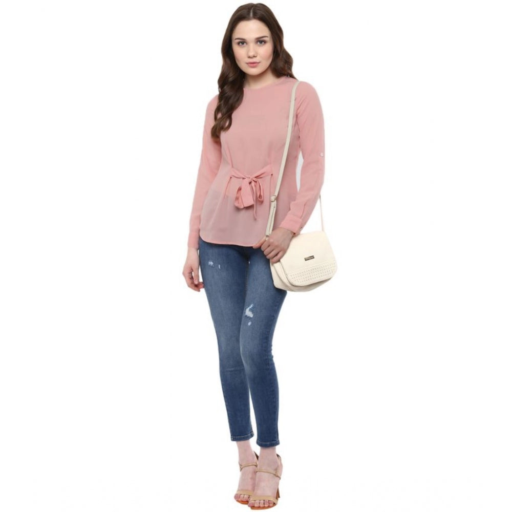 Amfyn Women's Polyester Solid Long Sleeves Regular Top (Pink)