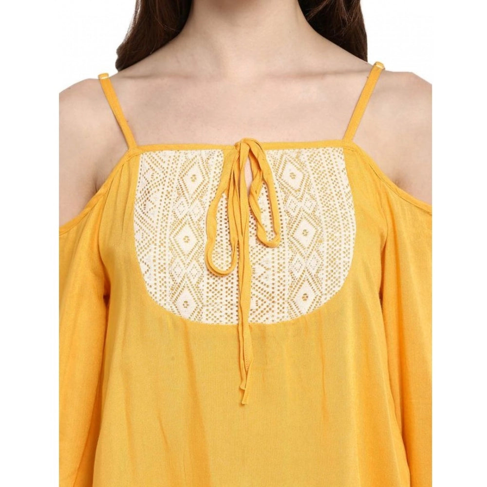 Amfyn Women's Rayon Embellished Cold Shoulder Regular Top (Mustard Yellow)