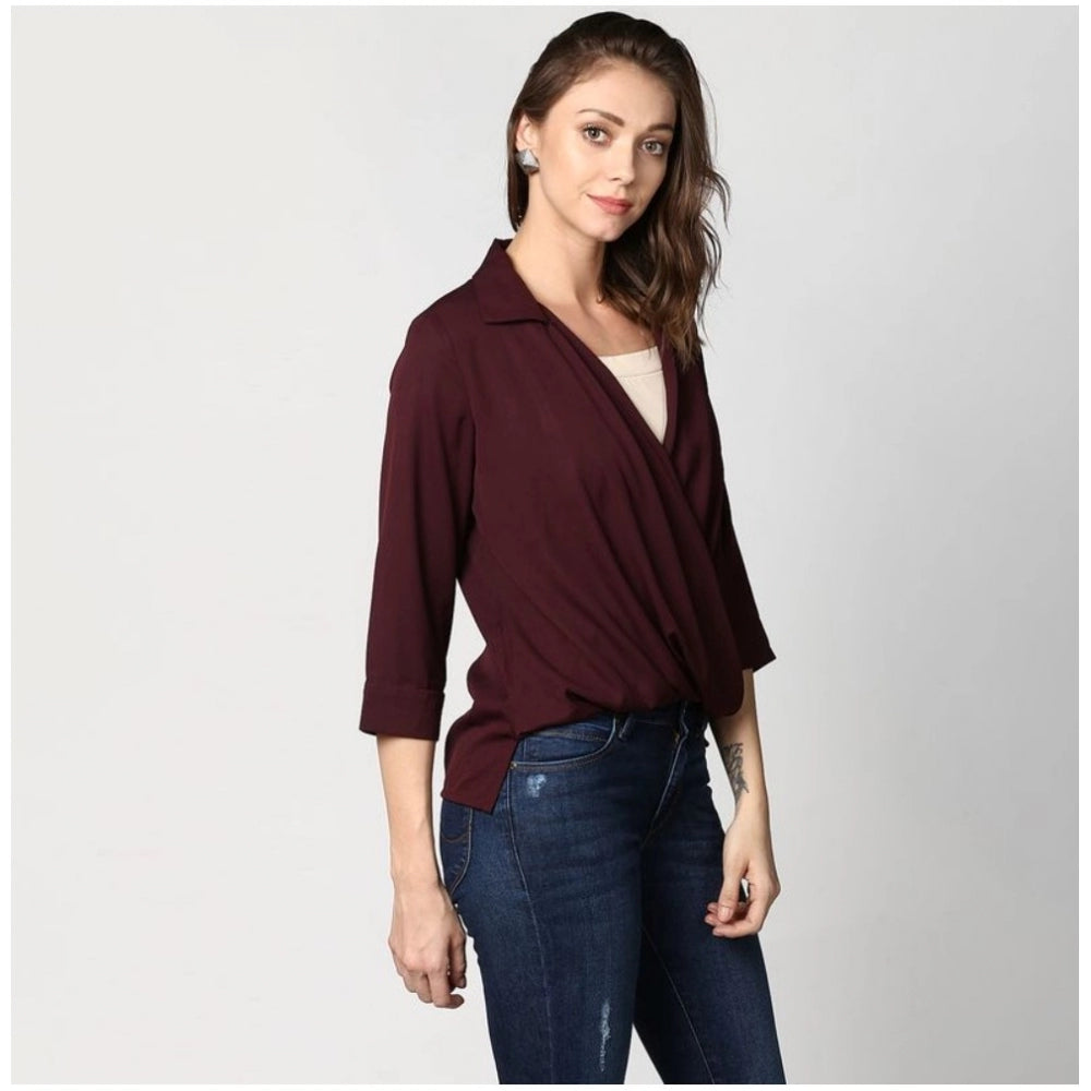 Amfyn Women's Polyester Solid 3-4th Sleeves Top (Maroon)