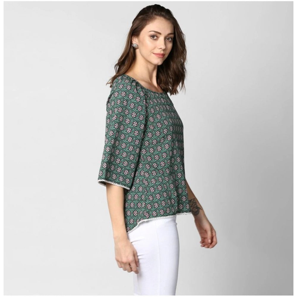 Amfyn Women's Polyester Printed 3-4th Sleeves Top (Green)